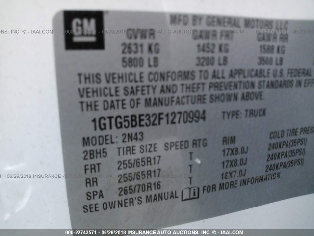 1GTG5BE32F1270994 - 2015 GMC CANYON SLE WHITE photo 9