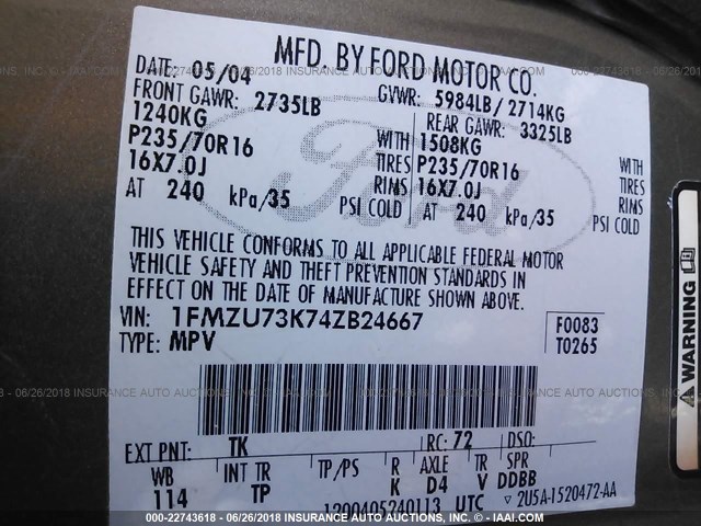 1FMZU73K74ZB24667 - 2004 FORD EXPLORER XLT/XLT SPORT/NBX 棕色 照片 9