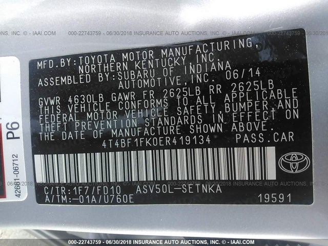 4T4BF1FK0ER419134 - 2014 TOYOTA CAMRY L/SE/LE/XLE SILVER photo 9