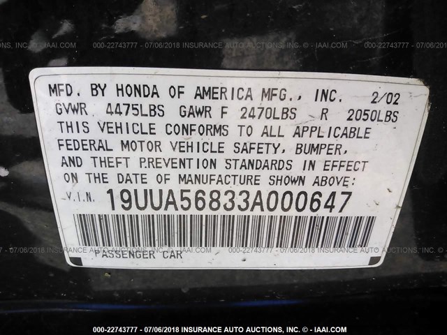 19UUA56833A000647 - 2003 ACURA 3.2TL TYPE-S BLACK photo 9