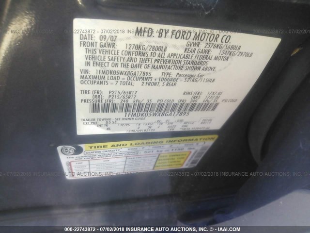 1FMDK05WX8GA17895 - 2008 FORD TAURUS X SEL GRAY photo 9