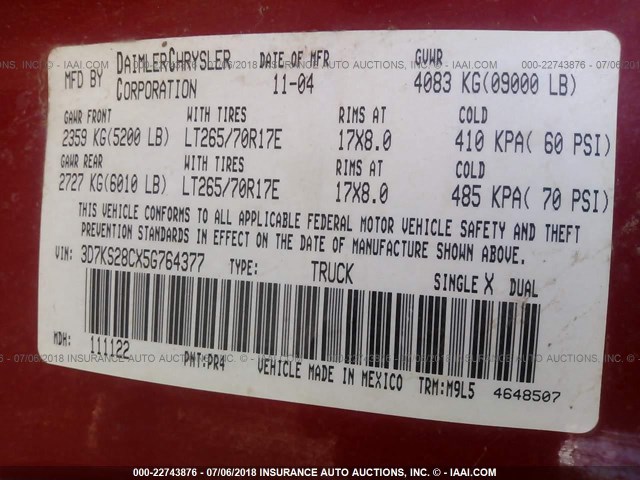 3D7KS28CX5G764377 - 2005 DODGE RAM 2500 ST/SLT 红色 照片 9