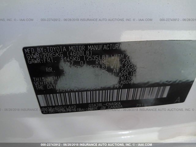 2T3YK4DV6AW008367 - 2010 TOYOTA RAV4 LIMITED أبيض صورة 9