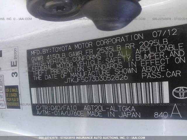 JTKJF5C73D3052826 - 2013 TOYOTA SCION TC 白色 照片 9