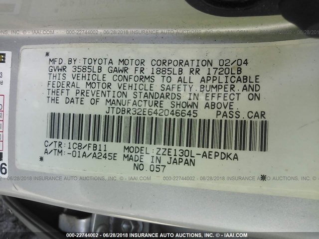 JTDBR32E642046645 - 2004 TOYOTA COROLLA CE/LE SILVER photo 9