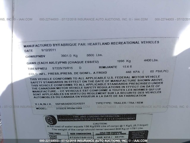 5SFNB3422CE243231 - 2012 HEARTLAND WILDERNESS  თეთრი ფოტო 9