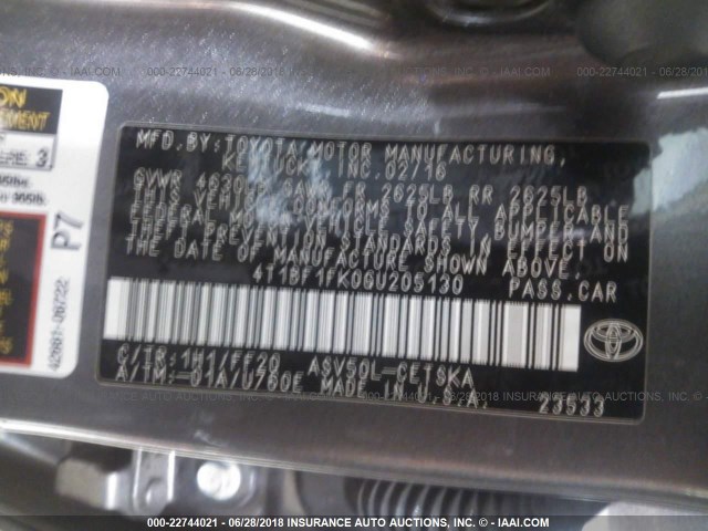 4T1BF1FK0GU205130 - 2016 TOYOTA CAMRY LE/XLE/SE/XSE GRAY photo 9