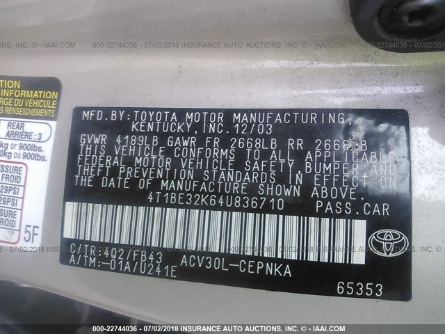 4T1BE32K64U836710 - 2004 TOYOTA CAMRY LE/XLE/SE 棕色 照片 9