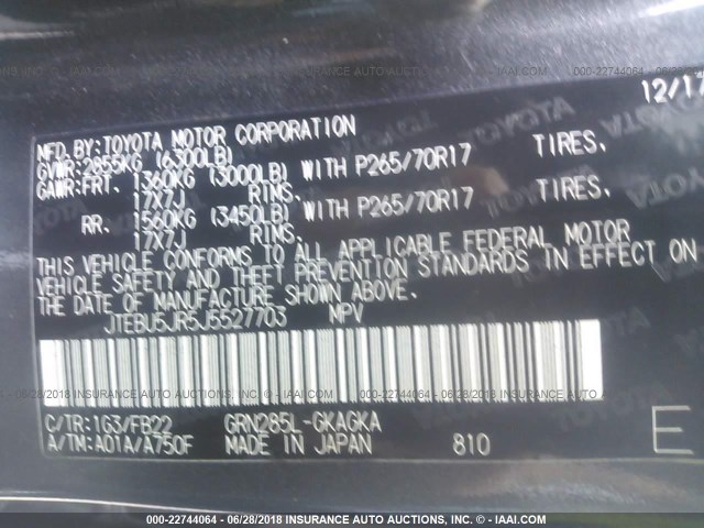 JTEBU5JR5J5527703 - 2018 TOYOTA 4RUNNER SR5 PREM/LTDL/TRAIL/TRD Szary zdjęcie 9