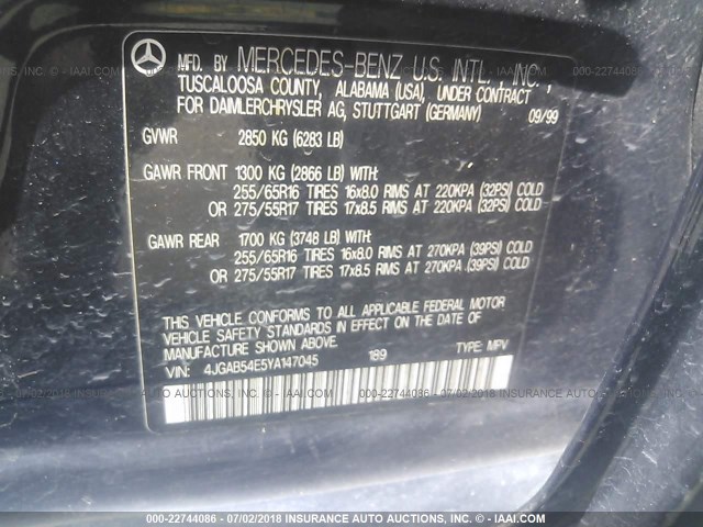 4JGAB54E5YA147045 - 2000 MERCEDES-BENZ ML 320 BLUE photo 9