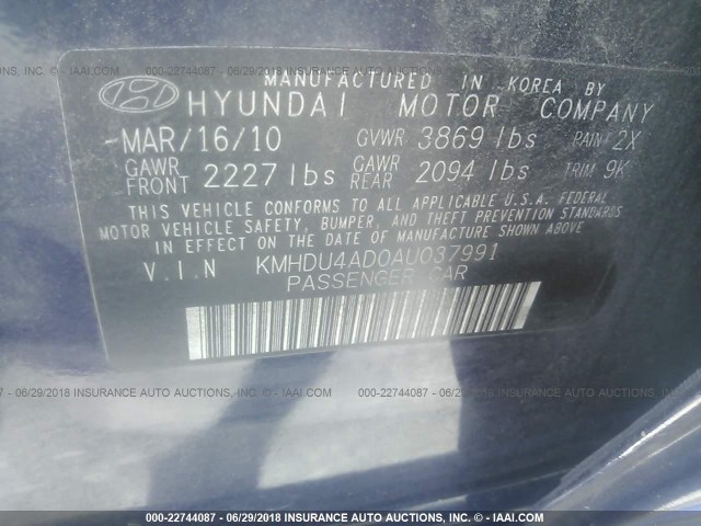 KMHDU4AD0AU037991 - 2010 HYUNDAI ELANTRA BLUE/GLS/SE BLUE photo 9