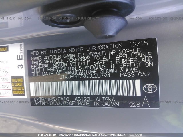 JTKJF5C7XGJ020794 - 2016 TOYOTA SCION TC 灰色 照片 9