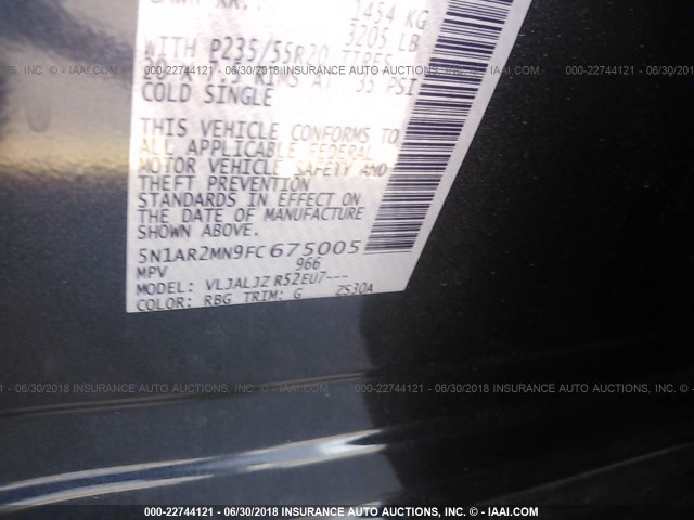 5N1AR2MN9FC675005 - 2015 NISSAN PATHFINDER S/SV/SL/PLATINUM Dark Blue photo 9