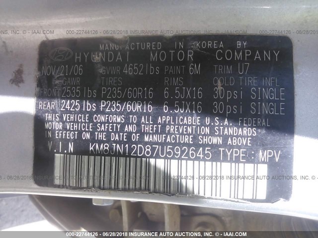 KM8JN12D87U592645 - 2007 HYUNDAI TUCSON SE/LIMITED SILVER photo 9