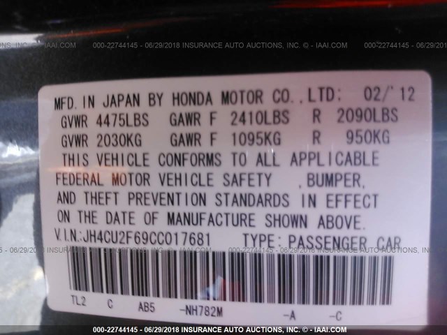 JH4CU2F69CC017681 - 2012 ACURA TSX TECH GRAY photo 9