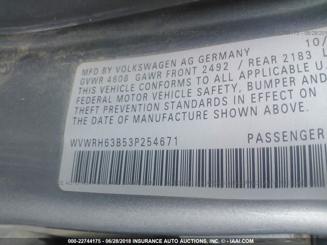 WVWRH63B53P254671 - 2003 VOLKSWAGEN PASSAT GLX 灰色 照片 9