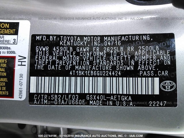 4T1BK1EB6GU224424 - 2016 TOYOTA AVALON XLE PLUS/PREMIUM/TOUR/LTD GRAY photo 9