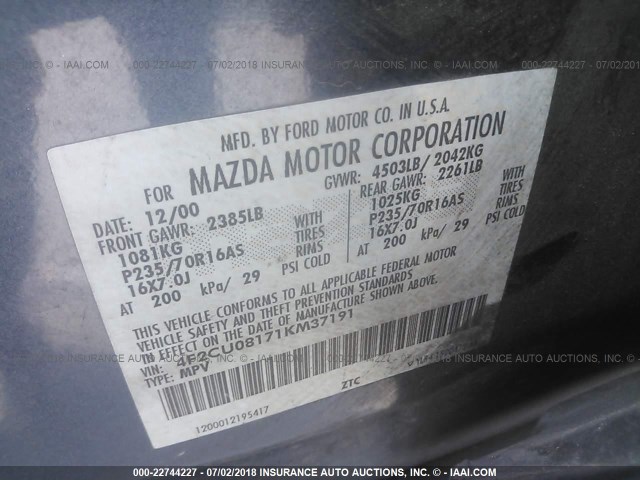 4F2CU08171KM37191 - 2001 MAZDA TRIBUTE LX/ES 蓝色 照片 9