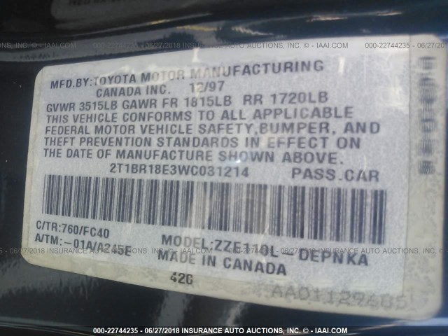 2T1BR18E3WC031214 - 1998 TOYOTA COROLLA VE/CE/LE 蓝色 照片 9