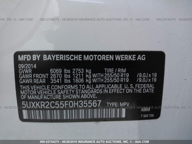 5UXKR2C55F0H35567 - 2015 BMW X5 SDRIVE35I WHITE photo 9