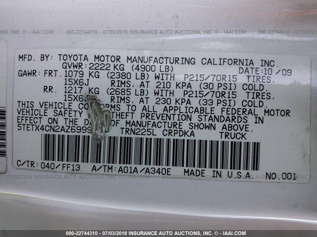 5TETX4CN2AZ699902 - 2010 TOYOTA TACOMA ACCESS CAB Weiß Foto 9