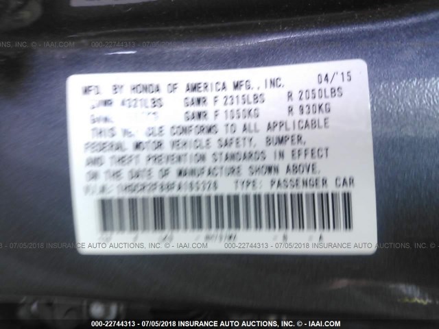 1HGCR2F88FA165326 - 2015 HONDA ACCORD EXL GRAY photo 9