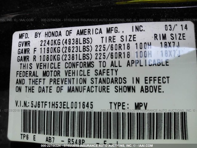 5J6TF1H53EL001645 - 2014 HONDA CROSSTOUR EXL მუქწითელი ფოტო 9
