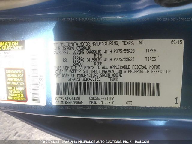 5TFAW5F18GX499132 - 2016 TOYOTA TUNDRA CREWMAX 1794/PLATINUM 蓝色 照片 9