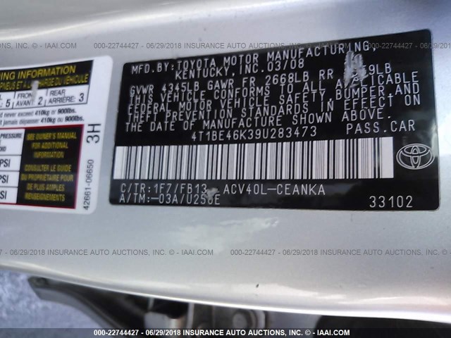 4T1BE46K39U283473 - 2009 TOYOTA CAMRY SE/LE/XLE SILVER photo 9
