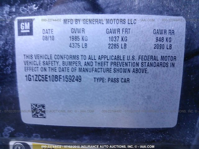 1G1ZC5E10BF159249 - 2011 CHEVROLET MALIBU 1LT 黑色 照片 9