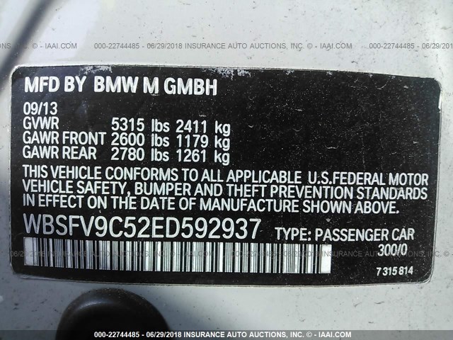 WBSFV9C52ED592937 - 2014 BMW M5 GRAY photo 9