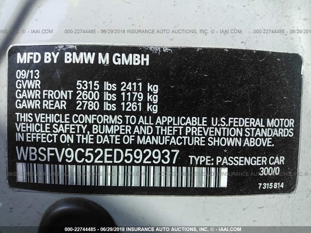 WBSFV9C52ED592937 - 2014 BMW M5 GRAY photo 9