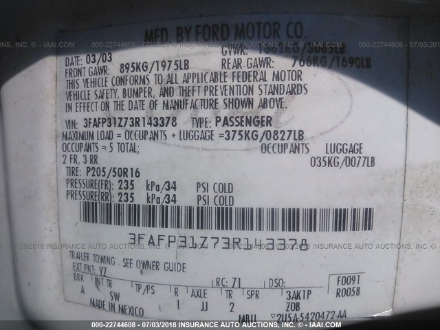 3FAFP31Z73R143378 - 2003 FORD FOCUS ZX3 WHITE photo 9