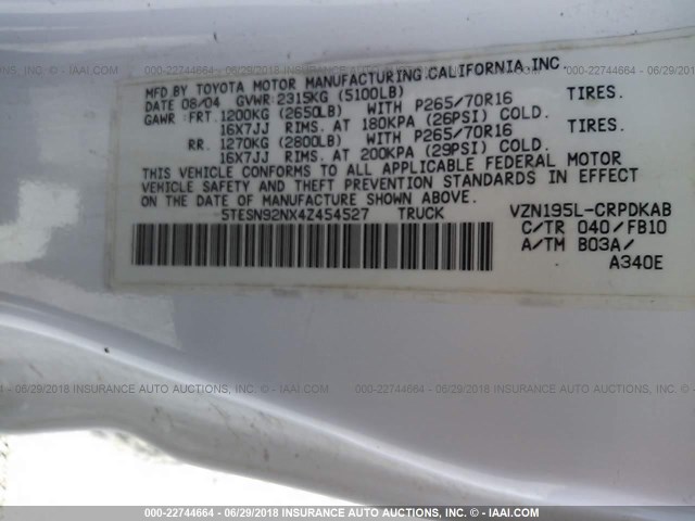 5TESN92NX4Z454527 - 2004 TOYOTA TACOMA XTRACAB PRERUNNER WHITE photo 9