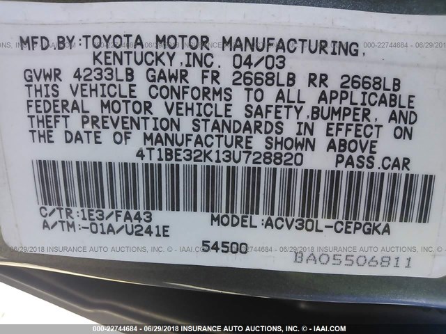 4T1BE32K13U728820 - 2003 TOYOTA CAMRY LE/XLE/SE 锡色 照片 9