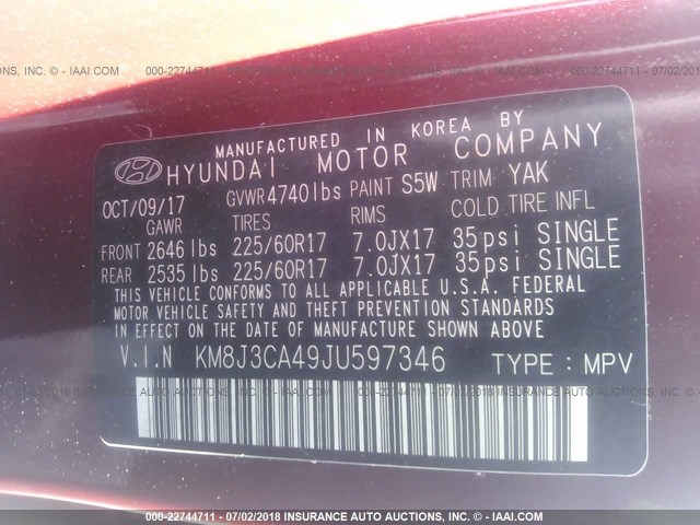 KM8J3CA49JU597346 - 2018 HYUNDAI TUCSON LIMITED/SPORT AND ECO/SE MAROON photo 9