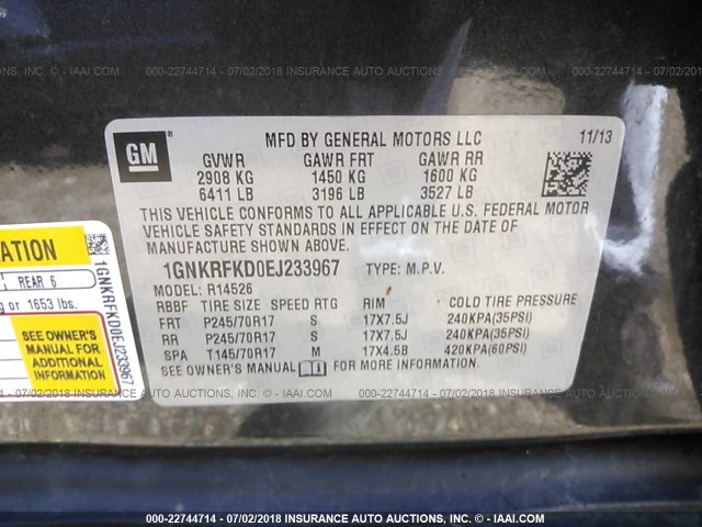 1GNKRFKD0EJ233967 - 2014 CHEVROLET TRAVERSE LS GRAY photo 9