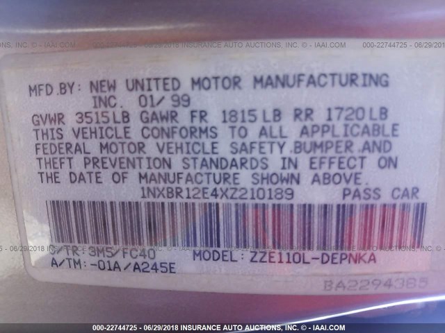 1NXBR12E4XZ210189 - 1999 TOYOTA COROLLA VE/CE/LE 金色 照片 9