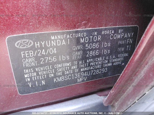 KM8SC13E94U728293 - 2004 HYUNDAI SANTA FE GLS/LX MAROON photo 9