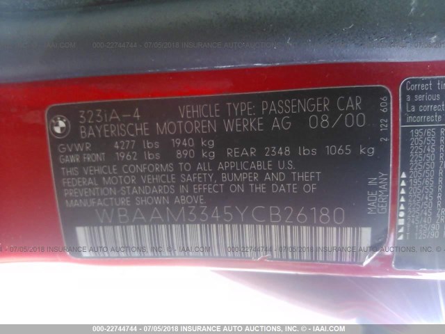 WBAAM3345YCB26180 - 2000 BMW 323 I RED photo 9