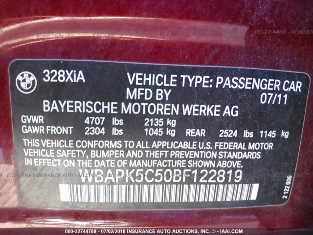 WBAPK5C50BF122819 - 2011 BMW 328 XI SULEV MAROON photo 9