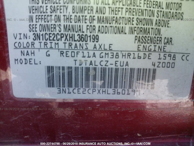 3N1CE2CPXHL360199 - 2017 NISSAN VERSA NOTE S/S PLUS/SV/SL/SR RED photo 9