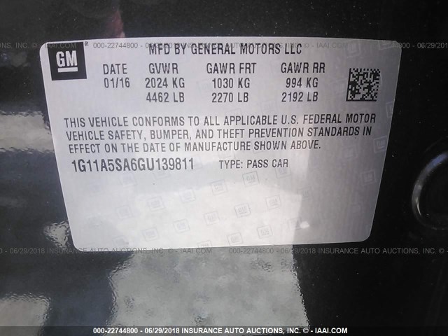 1G11A5SA6GU139811 - 2016 CHEVROLET MALIBU LIMITED LS შავი ფოტო 9