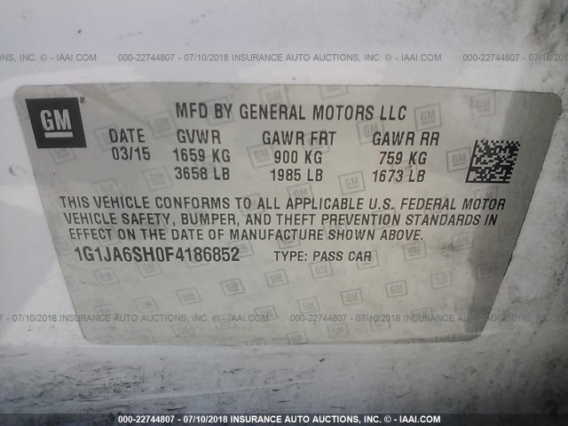 1G1JA6SH0F4186852 - 2015 CHEVROLET SONIC LS WHITE photo 9