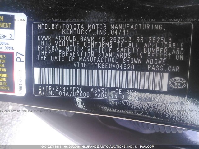 4T1BF1FK8EU404620 - 2014 TOYOTA CAMRY L/SE/LE/XLE 黑色 照片 9