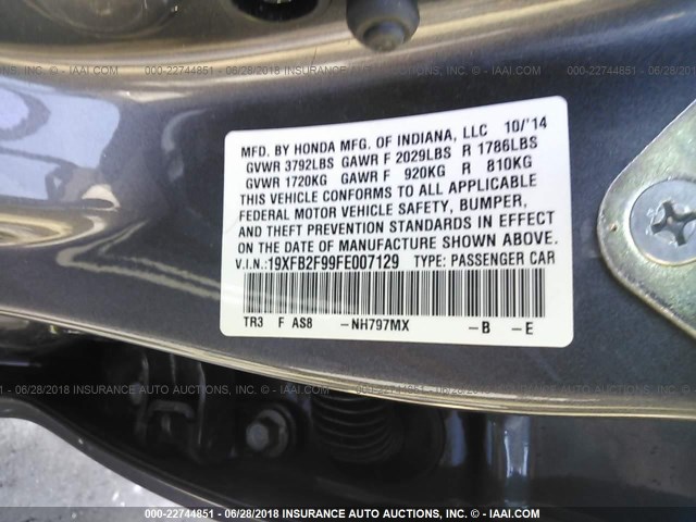 19XFB2F99FE007129 - 2015 HONDA CIVIC EXL 灰色 照片 9