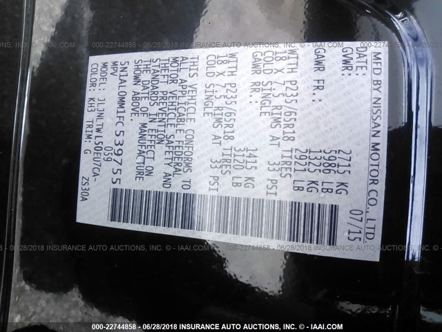 5N1AL0MM1FC539755 - 2015 INFINITI QX60 შავი ფოტო 9