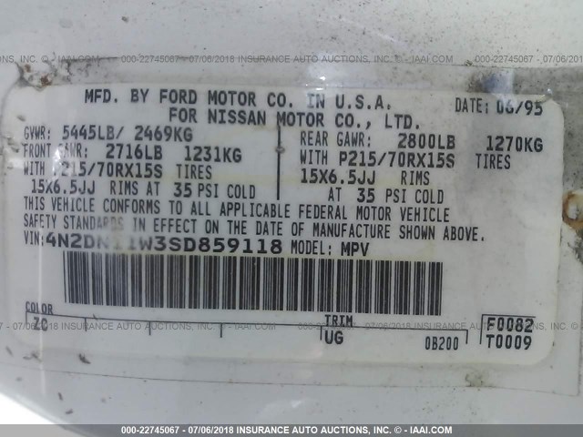 4N2DN11W3SD859118 - 1995 NISSAN QUEST XE/GXE WHITE photo 9