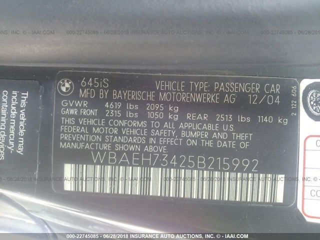 WBAEH73425B215992 - 2005 BMW 645 CI AUTOMATIC BLACK photo 9