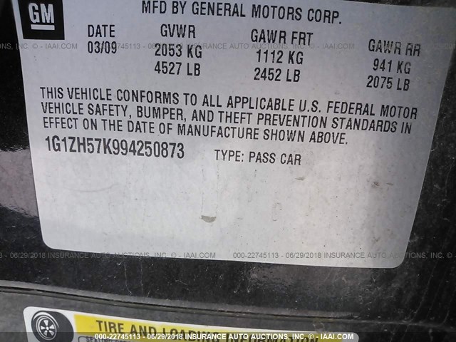 1G1ZH57K994250873 - 2009 CHEVROLET MALIBU 1LT BLACK photo 9